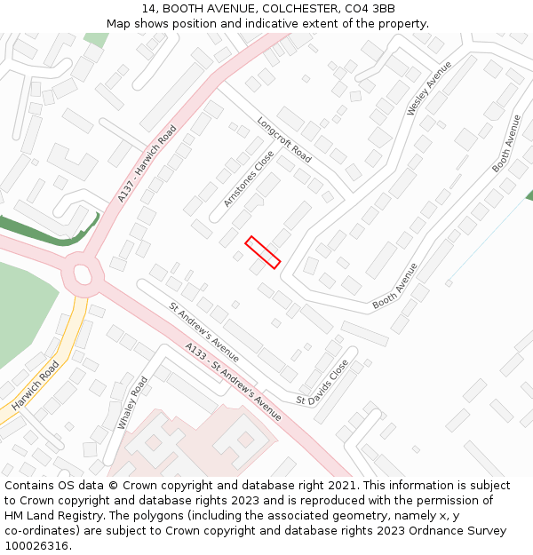 14, BOOTH AVENUE, COLCHESTER, CO4 3BB: Location map and indicative extent of plot