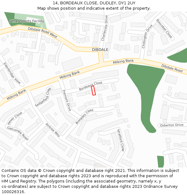 14, BORDEAUX CLOSE, DUDLEY, DY1 2UY: Location map and indicative extent of plot