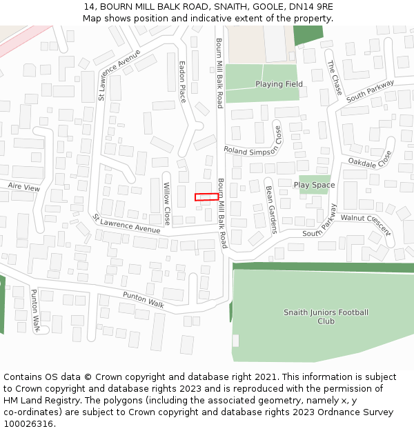 14, BOURN MILL BALK ROAD, SNAITH, GOOLE, DN14 9RE: Location map and indicative extent of plot