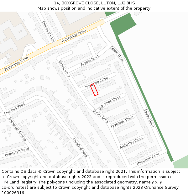 14, BOXGROVE CLOSE, LUTON, LU2 8HS: Location map and indicative extent of plot