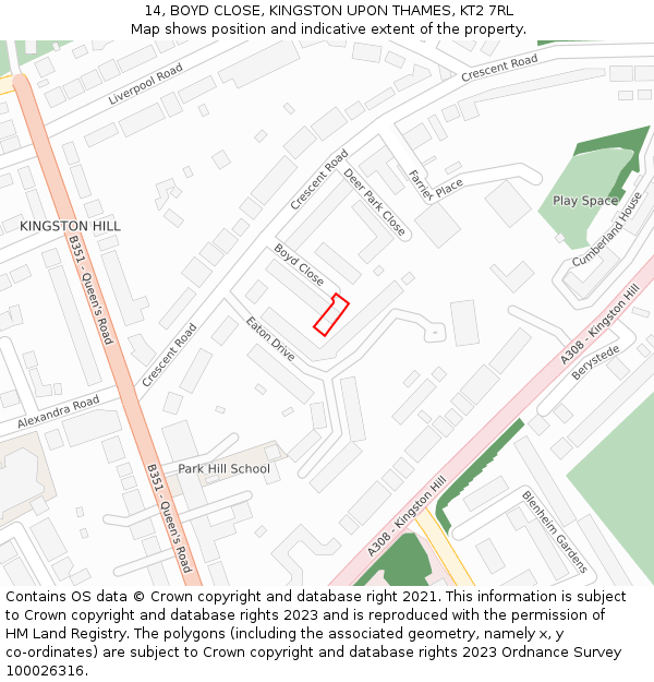 14, BOYD CLOSE, KINGSTON UPON THAMES, KT2 7RL: Location map and indicative extent of plot