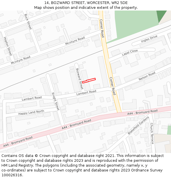 14, BOZWARD STREET, WORCESTER, WR2 5DE: Location map and indicative extent of plot