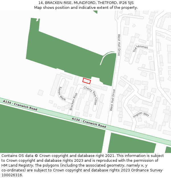 14, BRACKEN RISE, MUNDFORD, THETFORD, IP26 5JS: Location map and indicative extent of plot