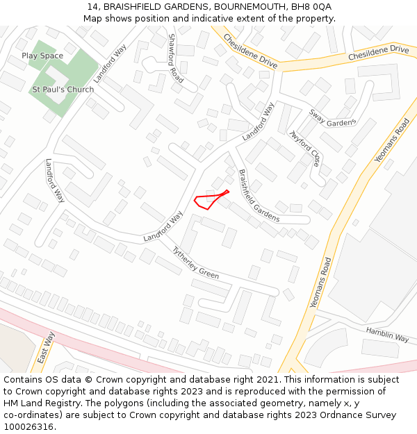 14, BRAISHFIELD GARDENS, BOURNEMOUTH, BH8 0QA: Location map and indicative extent of plot