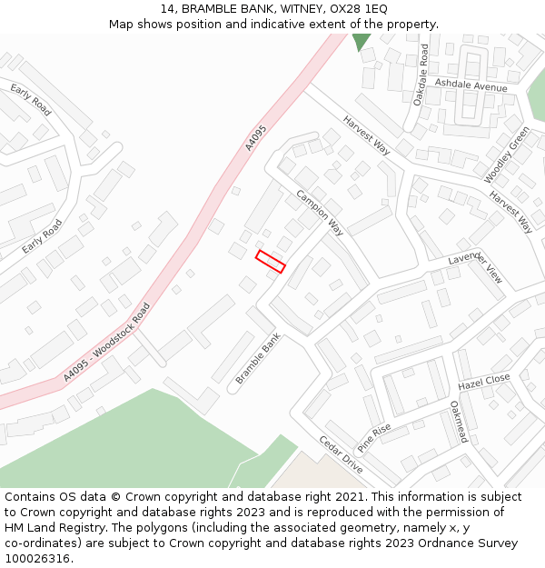 14, BRAMBLE BANK, WITNEY, OX28 1EQ: Location map and indicative extent of plot