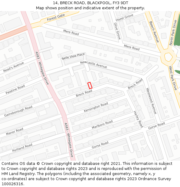 14, BRECK ROAD, BLACKPOOL, FY3 9DT: Location map and indicative extent of plot