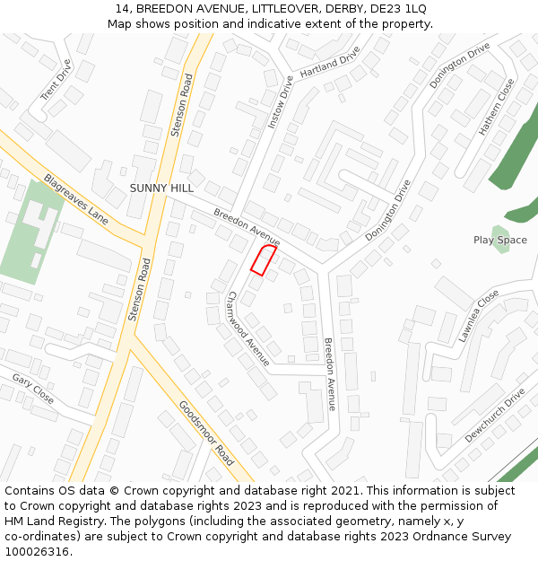 14, BREEDON AVENUE, LITTLEOVER, DERBY, DE23 1LQ: Location map and indicative extent of plot
