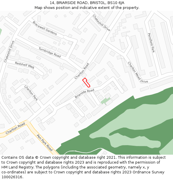 14, BRIARSIDE ROAD, BRISTOL, BS10 6JA: Location map and indicative extent of plot
