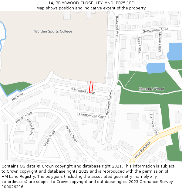 14, BRIARWOOD CLOSE, LEYLAND, PR25 1RD: Location map and indicative extent of plot