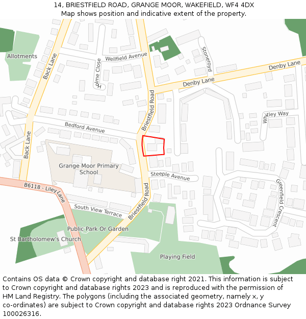 14, BRIESTFIELD ROAD, GRANGE MOOR, WAKEFIELD, WF4 4DX: Location map and indicative extent of plot
