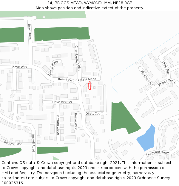 14, BRIGGS MEAD, WYMONDHAM, NR18 0GB: Location map and indicative extent of plot
