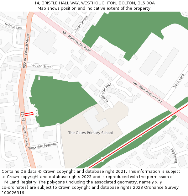 14, BRISTLE HALL WAY, WESTHOUGHTON, BOLTON, BL5 3QA: Location map and indicative extent of plot