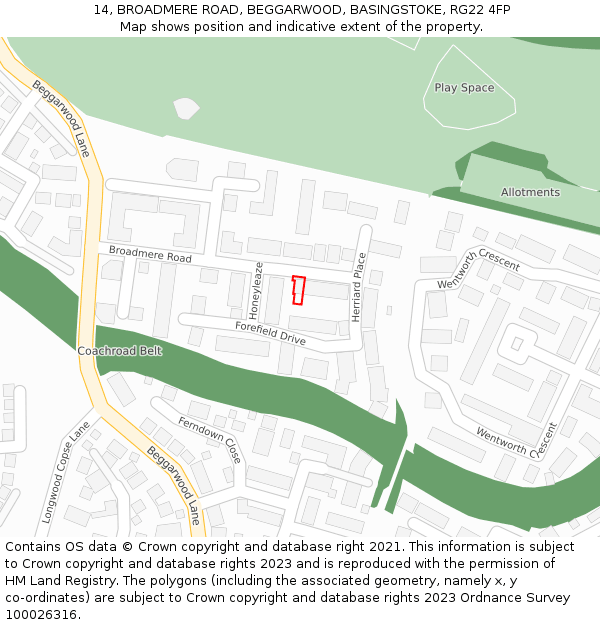 14, BROADMERE ROAD, BEGGARWOOD, BASINGSTOKE, RG22 4FP: Location map and indicative extent of plot