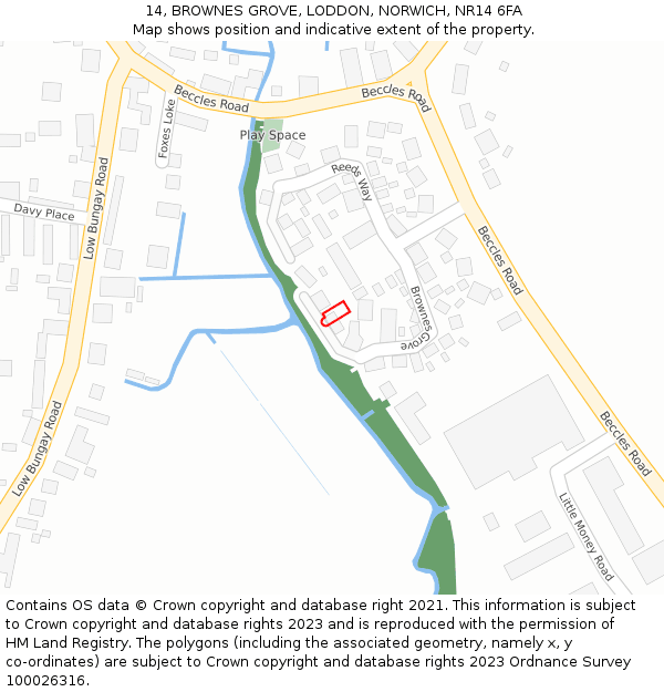 14, BROWNES GROVE, LODDON, NORWICH, NR14 6FA: Location map and indicative extent of plot