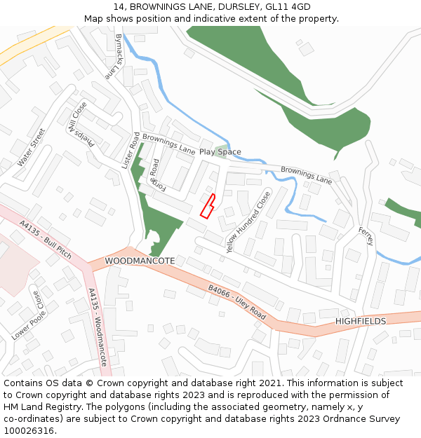 14, BROWNINGS LANE, DURSLEY, GL11 4GD: Location map and indicative extent of plot