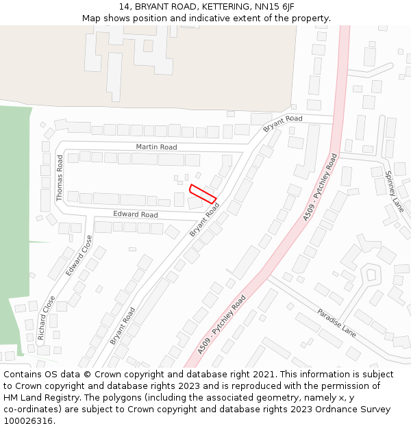 14, BRYANT ROAD, KETTERING, NN15 6JF: Location map and indicative extent of plot