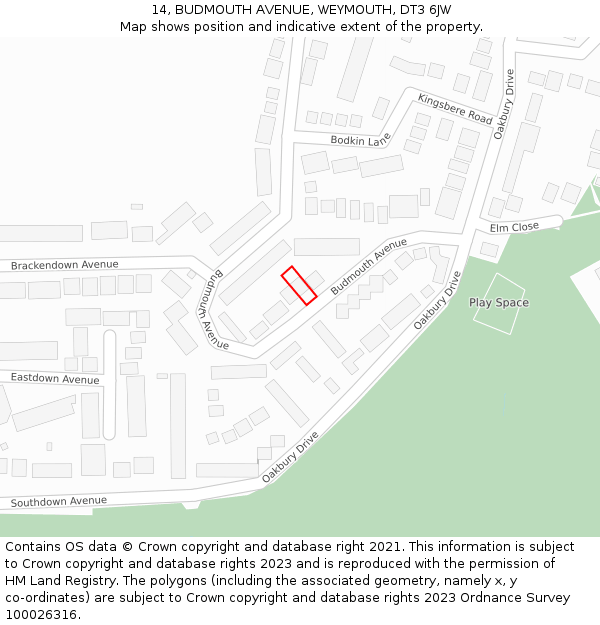 14, BUDMOUTH AVENUE, WEYMOUTH, DT3 6JW: Location map and indicative extent of plot
