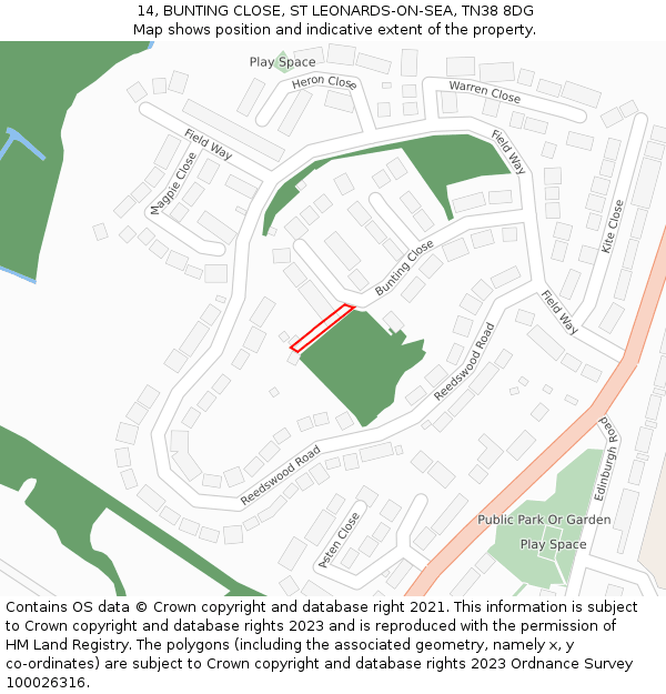 14, BUNTING CLOSE, ST LEONARDS-ON-SEA, TN38 8DG: Location map and indicative extent of plot
