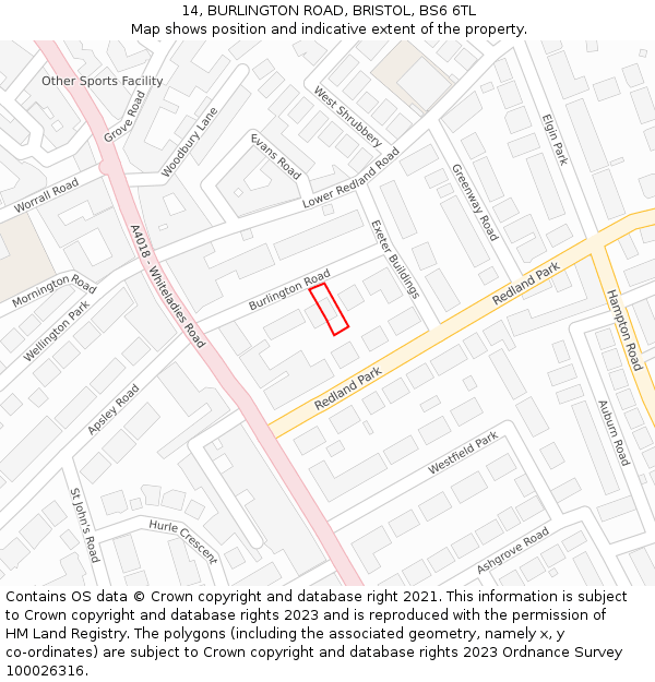 14, BURLINGTON ROAD, BRISTOL, BS6 6TL: Location map and indicative extent of plot