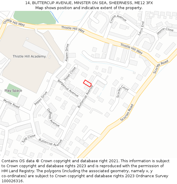 14, BUTTERCUP AVENUE, MINSTER ON SEA, SHEERNESS, ME12 3FX: Location map and indicative extent of plot