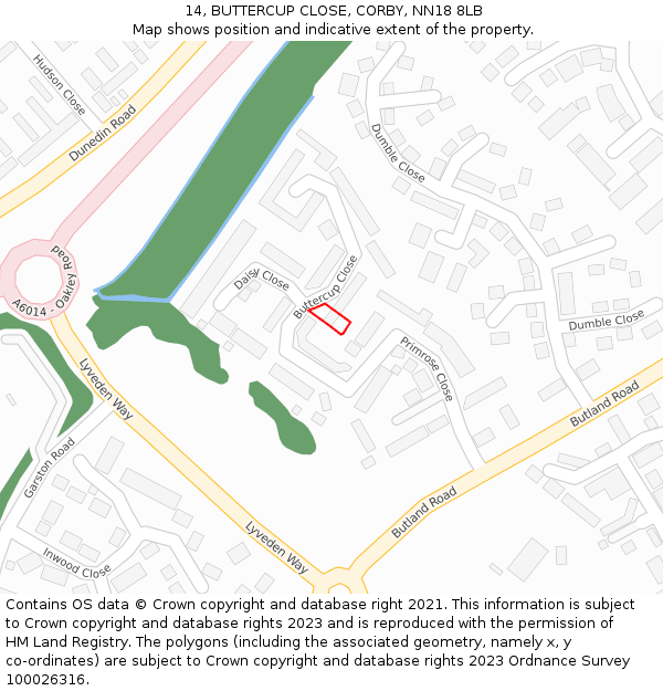 14, BUTTERCUP CLOSE, CORBY, NN18 8LB: Location map and indicative extent of plot