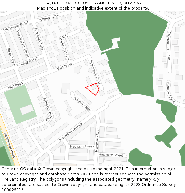 14, BUTTERWICK CLOSE, MANCHESTER, M12 5RA: Location map and indicative extent of plot