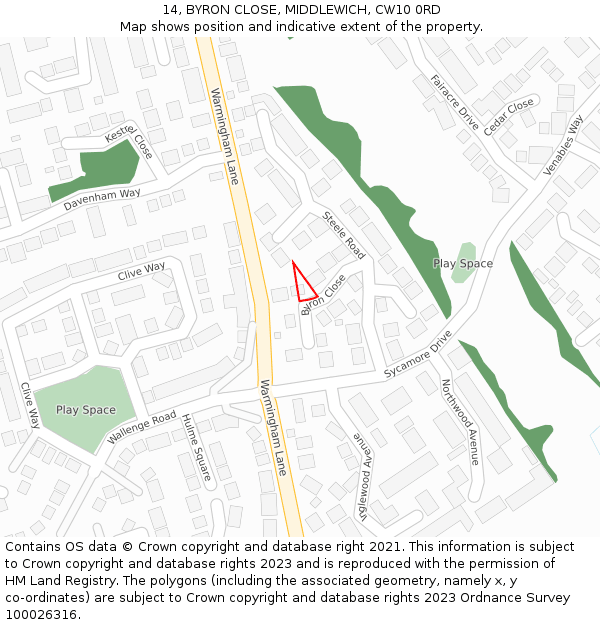 14, BYRON CLOSE, MIDDLEWICH, CW10 0RD: Location map and indicative extent of plot