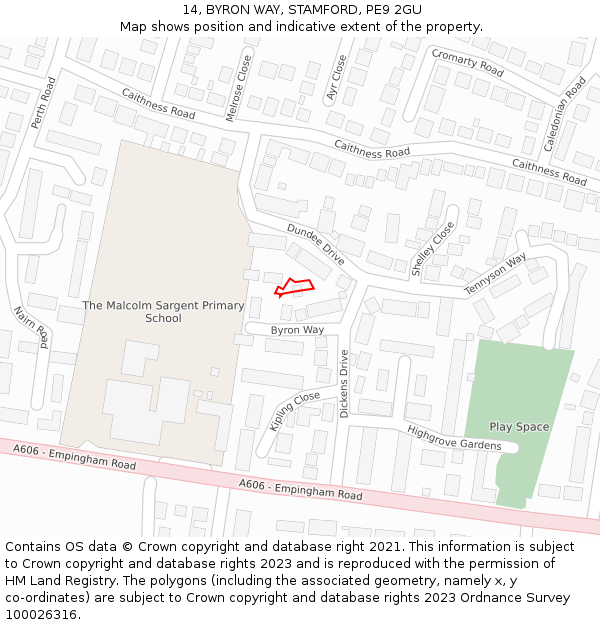 14, BYRON WAY, STAMFORD, PE9 2GU: Location map and indicative extent of plot