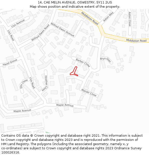 14, CAE MELIN AVENUE, OSWESTRY, SY11 2US: Location map and indicative extent of plot