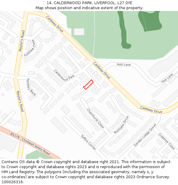 14, CALDERWOOD PARK, LIVERPOOL, L27 0YE: Location map and indicative extent of plot