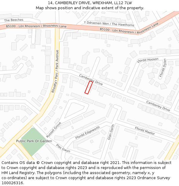 14, CAMBERLEY DRIVE, WREXHAM, LL12 7LW: Location map and indicative extent of plot
