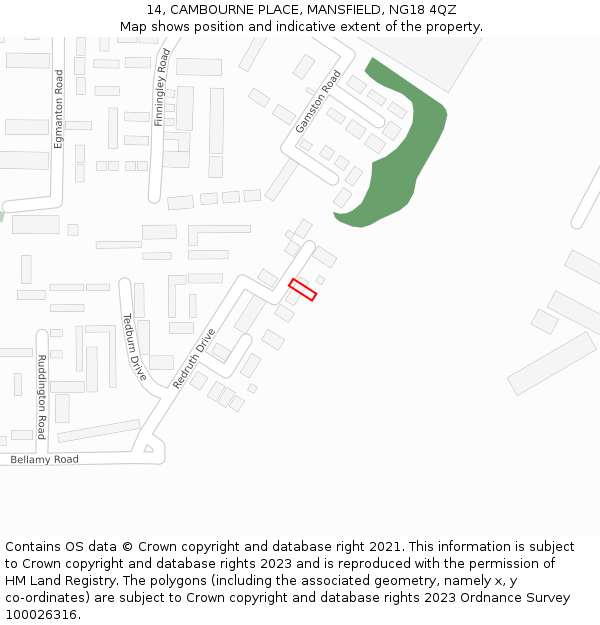14, CAMBOURNE PLACE, MANSFIELD, NG18 4QZ: Location map and indicative extent of plot