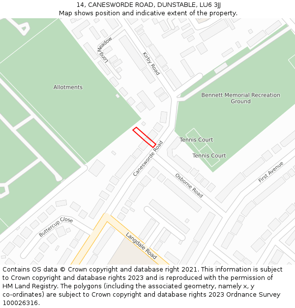 14, CANESWORDE ROAD, DUNSTABLE, LU6 3JJ: Location map and indicative extent of plot