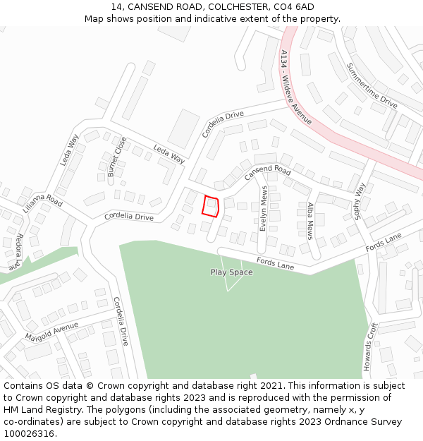 14, CANSEND ROAD, COLCHESTER, CO4 6AD: Location map and indicative extent of plot