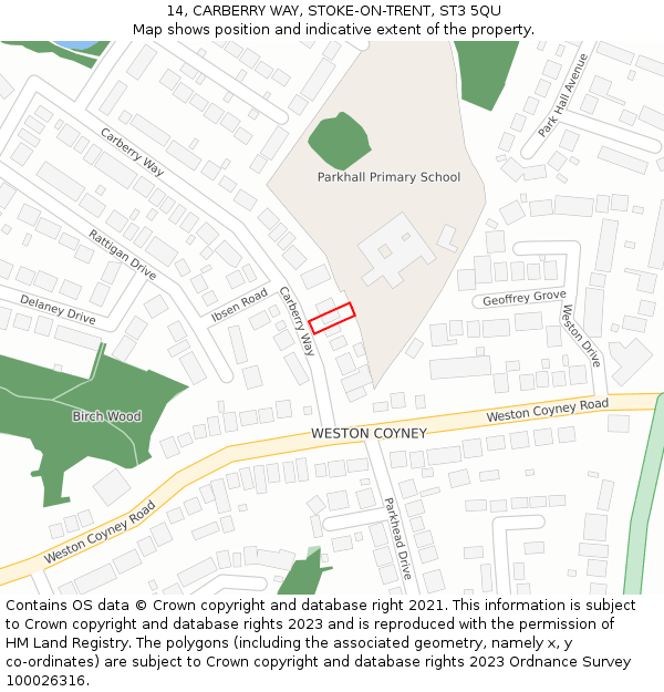 14, CARBERRY WAY, STOKE-ON-TRENT, ST3 5QU: Location map and indicative extent of plot