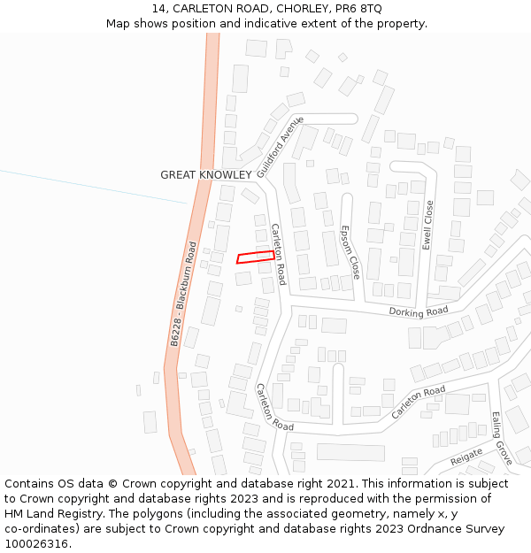 14, CARLETON ROAD, CHORLEY, PR6 8TQ: Location map and indicative extent of plot