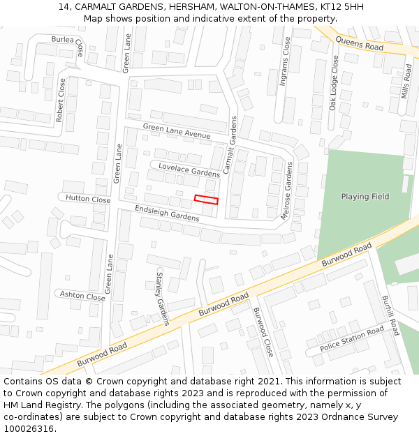 14, CARMALT GARDENS, HERSHAM, WALTON-ON-THAMES, KT12 5HH: Location map and indicative extent of plot
