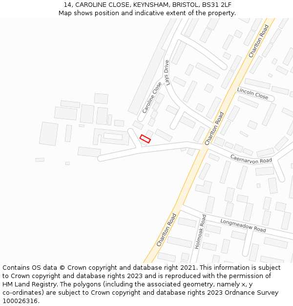 14, CAROLINE CLOSE, KEYNSHAM, BRISTOL, BS31 2LF: Location map and indicative extent of plot
