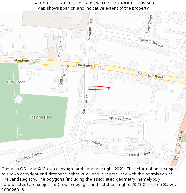 14, CARTRILL STREET, RAUNDS, WELLINGBOROUGH, NN9 6ER: Location map and indicative extent of plot