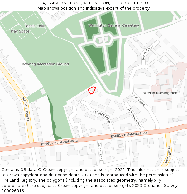 14, CARVERS CLOSE, WELLINGTON, TELFORD, TF1 2EQ: Location map and indicative extent of plot