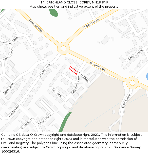 14, CATCHLAND CLOSE, CORBY, NN18 8NR: Location map and indicative extent of plot