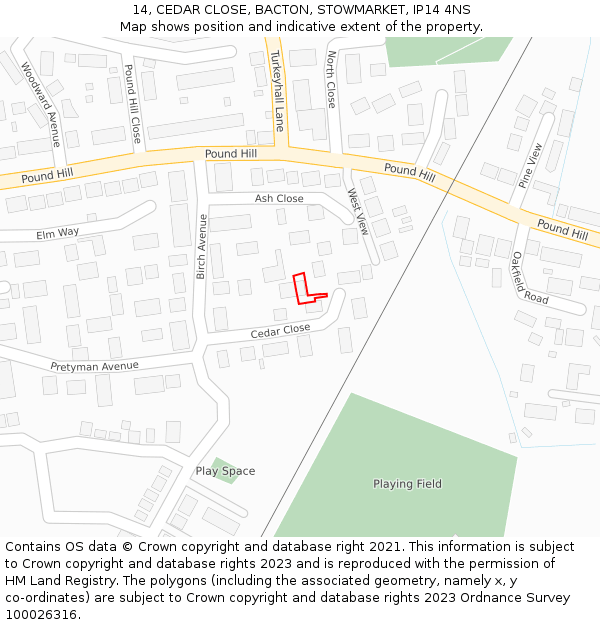 14, CEDAR CLOSE, BACTON, STOWMARKET, IP14 4NS: Location map and indicative extent of plot