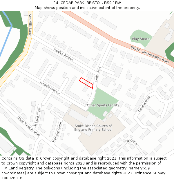 14, CEDAR PARK, BRISTOL, BS9 1BW: Location map and indicative extent of plot