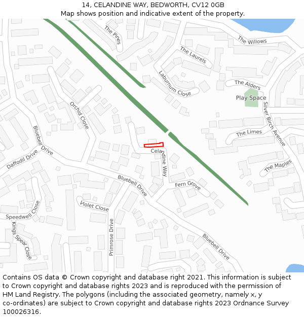 14, CELANDINE WAY, BEDWORTH, CV12 0GB: Location map and indicative extent of plot