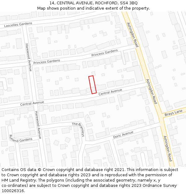 14, CENTRAL AVENUE, ROCHFORD, SS4 3BQ: Location map and indicative extent of plot