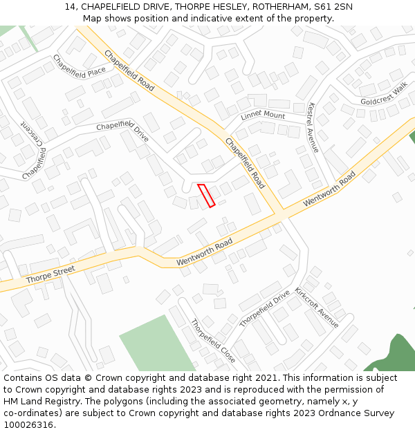 14, CHAPELFIELD DRIVE, THORPE HESLEY, ROTHERHAM, S61 2SN: Location map and indicative extent of plot