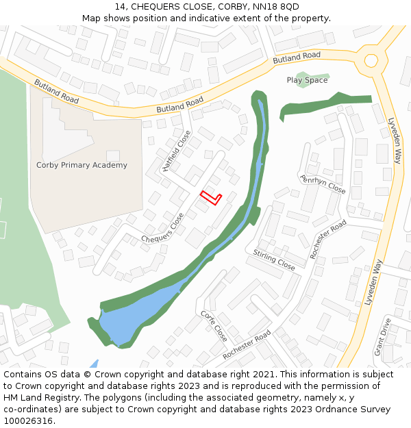 14, CHEQUERS CLOSE, CORBY, NN18 8QD: Location map and indicative extent of plot