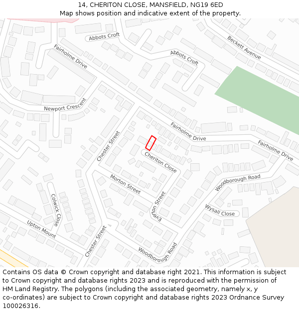 14, CHERITON CLOSE, MANSFIELD, NG19 6ED: Location map and indicative extent of plot