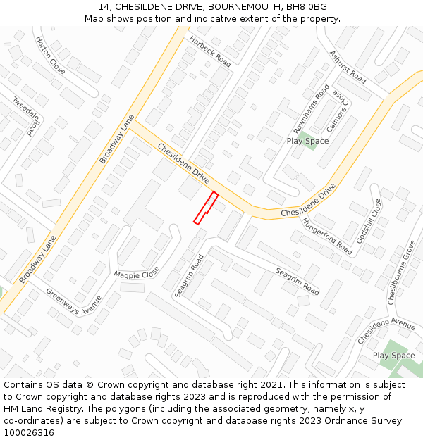 14, CHESILDENE DRIVE, BOURNEMOUTH, BH8 0BG: Location map and indicative extent of plot