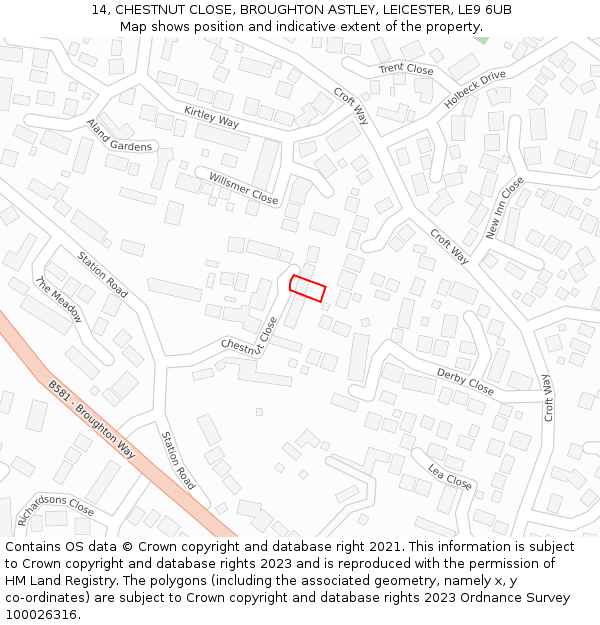 14, CHESTNUT CLOSE, BROUGHTON ASTLEY, LEICESTER, LE9 6UB: Location map and indicative extent of plot
